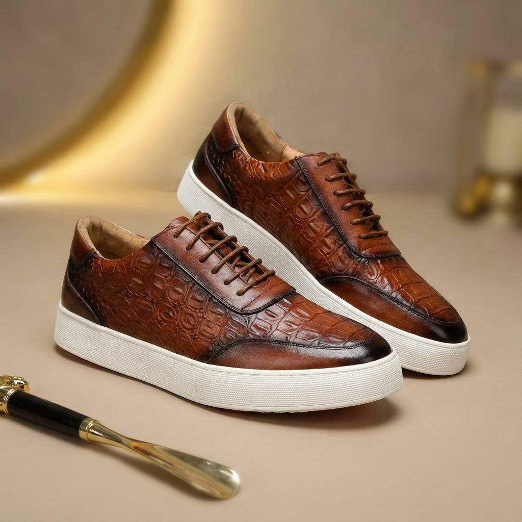 Zapatos de Cuero con Grabado de Cocodrilo y Suela de Goma con Cordones para Hombre