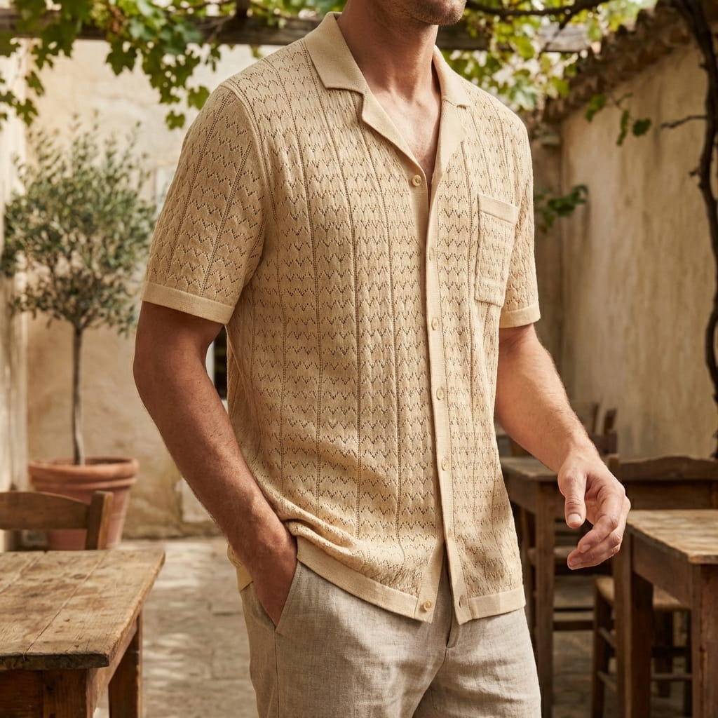 Polo de punto para hombre con patrón geométrico y bolsillo — vacaciones