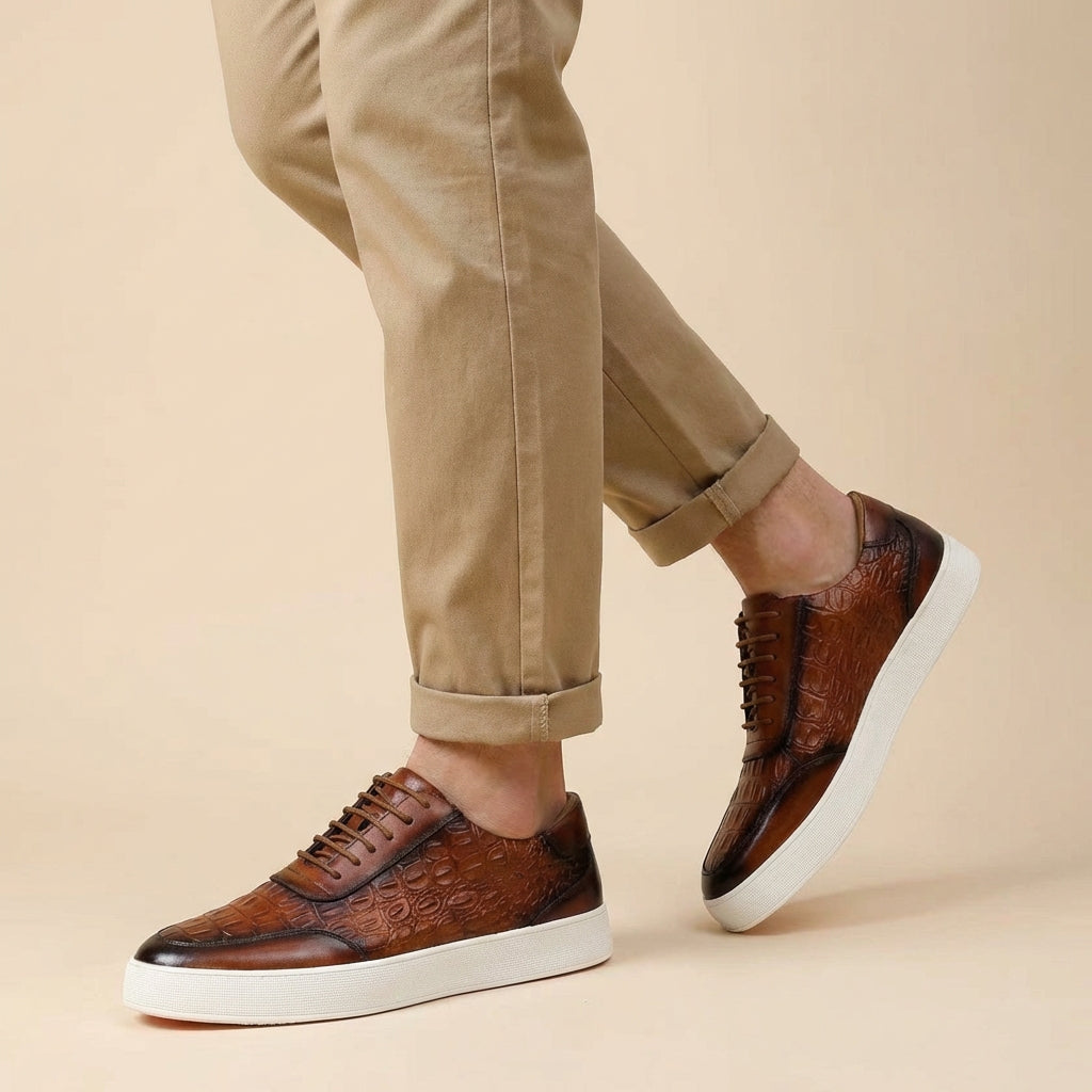 Zapatos de Cuero con Grabado de Cocodrilo y Suela de Goma con Cordones para Hombre