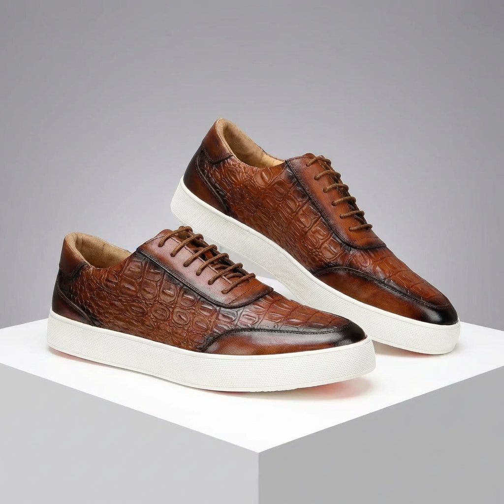 Zapatos de Cuero con Grabado de Cocodrilo y Suela de Goma con Cordones para Hombre
