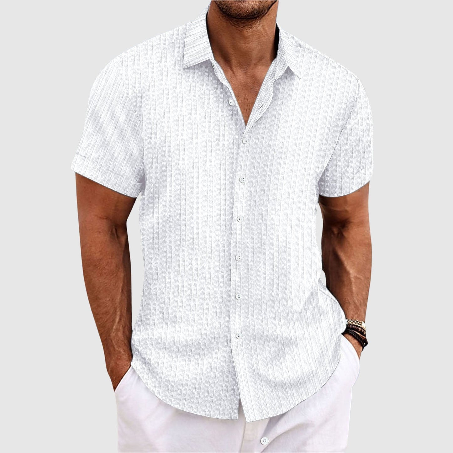 Camisa de Manga Corta para Hombre a Rayas Verticales con Cuello Clásico y Botones