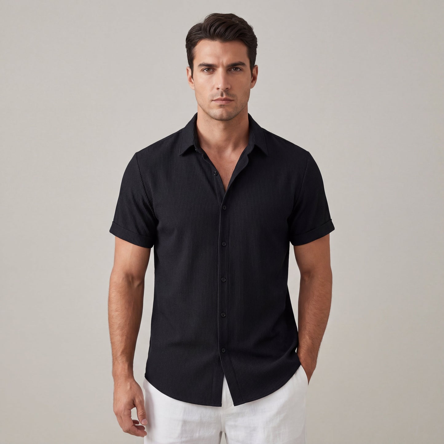 Camisa de Manga Corta para Hombre a Rayas Verticales con Cuello Clásico y Botones